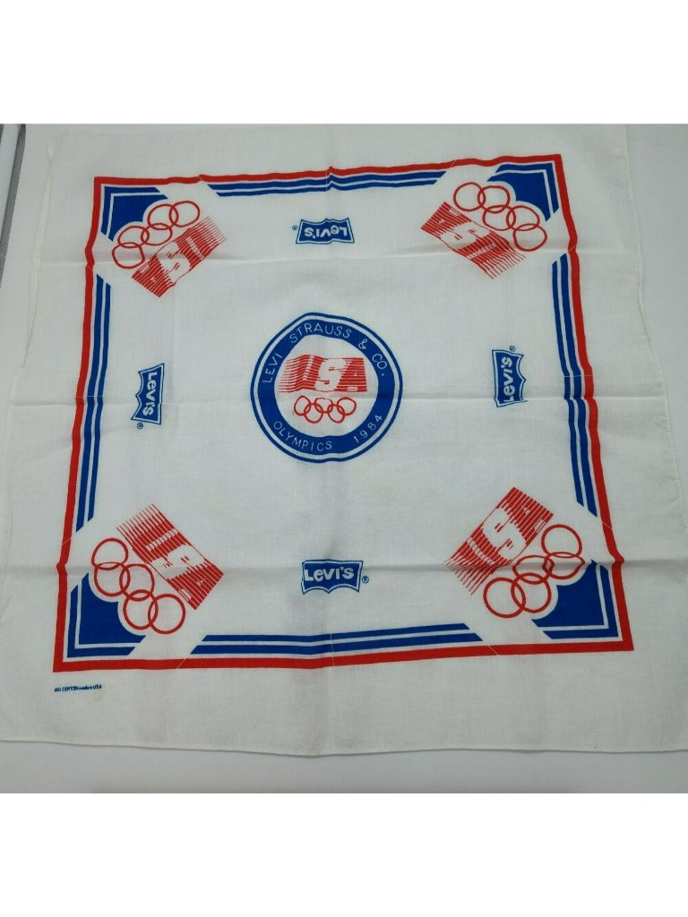 Vintage Levi's 1984 Olympics Bandana Handkerchief, White, 100% Cotton, USA Made